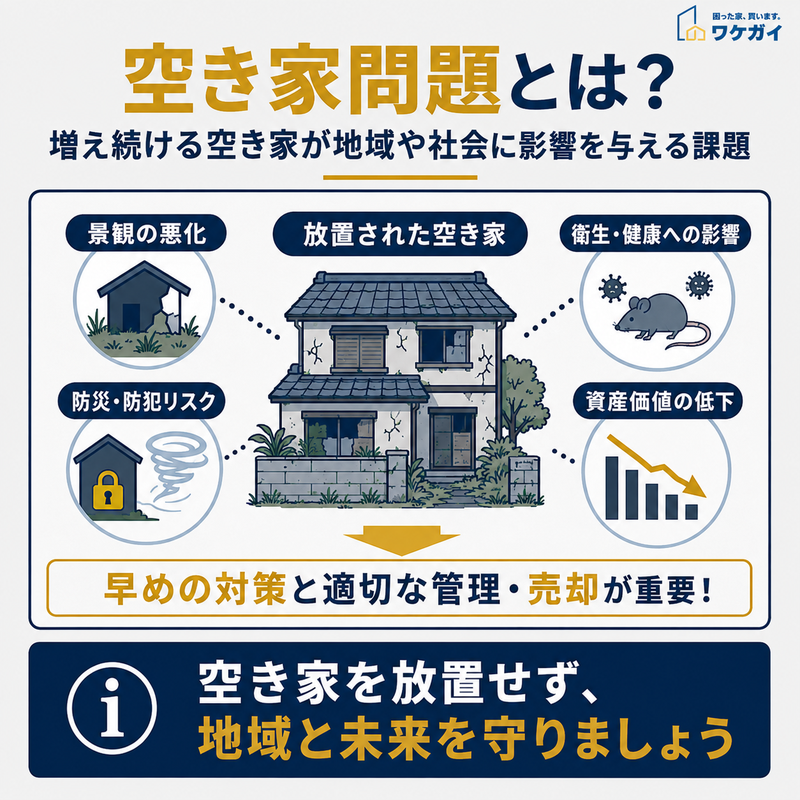 放置された空き家が景観悪化、防災・防犯、衛生・健康、資産価値低下など地域に与える問題を示した図解