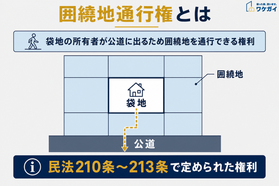 囲繞地通行権とは何かを示す図解。袋地の所有者が囲繞地を通行して公道に出られる権利で、民法210条〜213条に規定されている