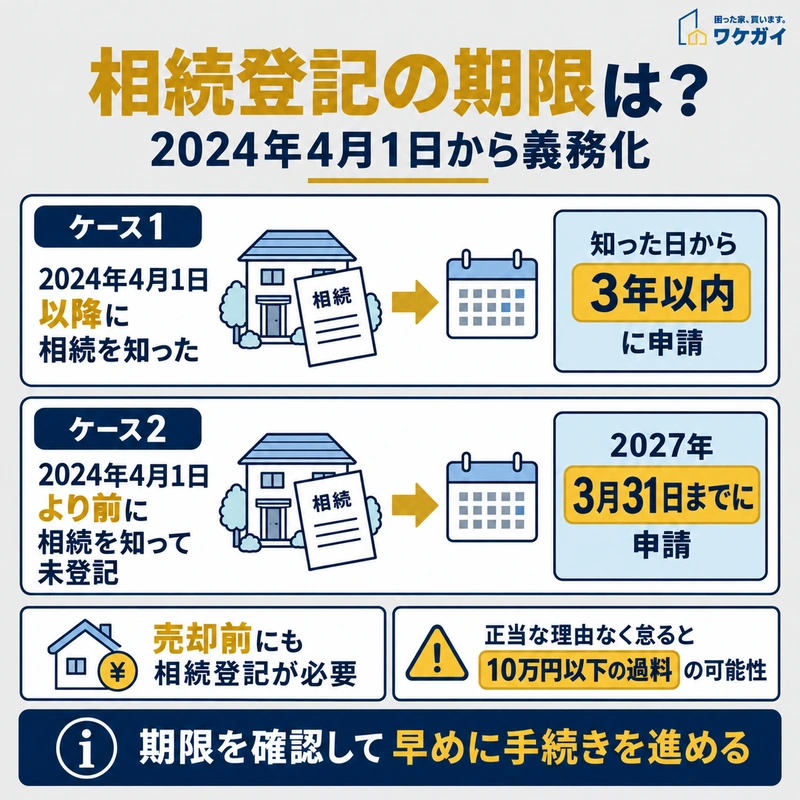 相続登記の義務化と相続を知った時期ごとの申請期限を示した図解
