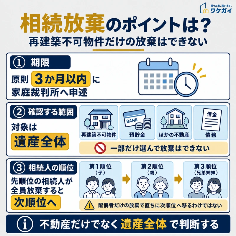 再建築不可物件を相続放棄する際の期限・遺産の対象範囲・相続人の順位を示した図解