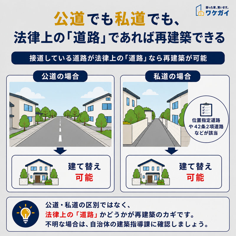 公道でも私道でも建築基準法上の道路であれば再建築できることを示した図解