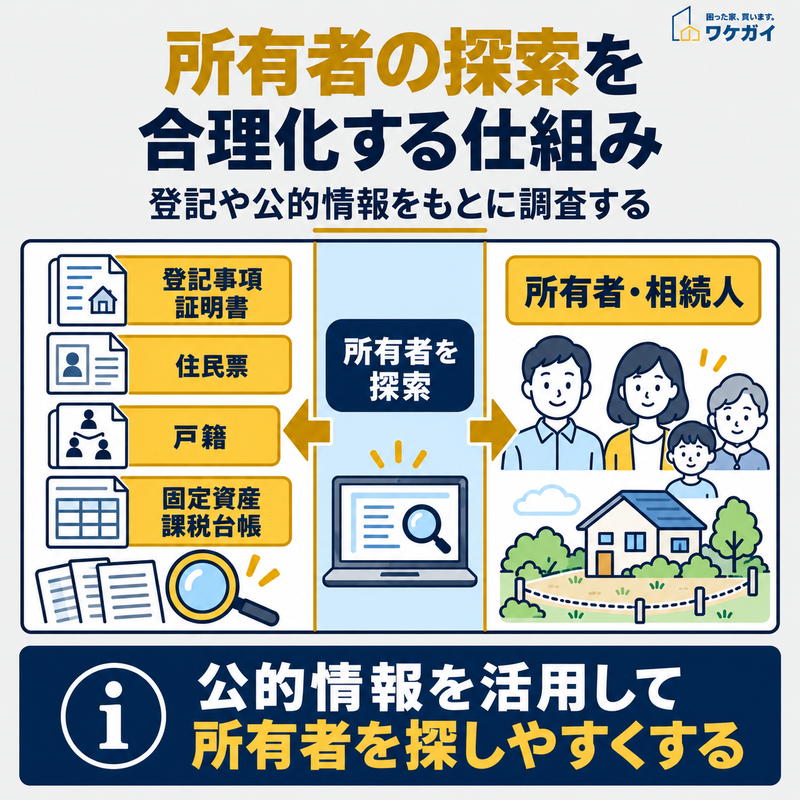 登記事項証明書、住民票、戸籍、固定資産課税台帳などの公的情報を活用し、土地の所有者や相続人を探索する流れを示した図解