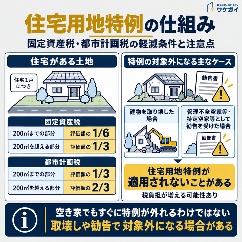 住宅用地の固定資産税と都市計画税の課税標準の軽減割合を示し、建物の取り壊しや管理不全空家等・特定空家等への勧告によって特例の対象外になる場合を住宅と解体重機のイラストで比較した図解