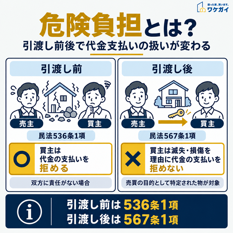 危険負担について不動産の引渡し前後で代金支払いの扱いが変わることを示した図
