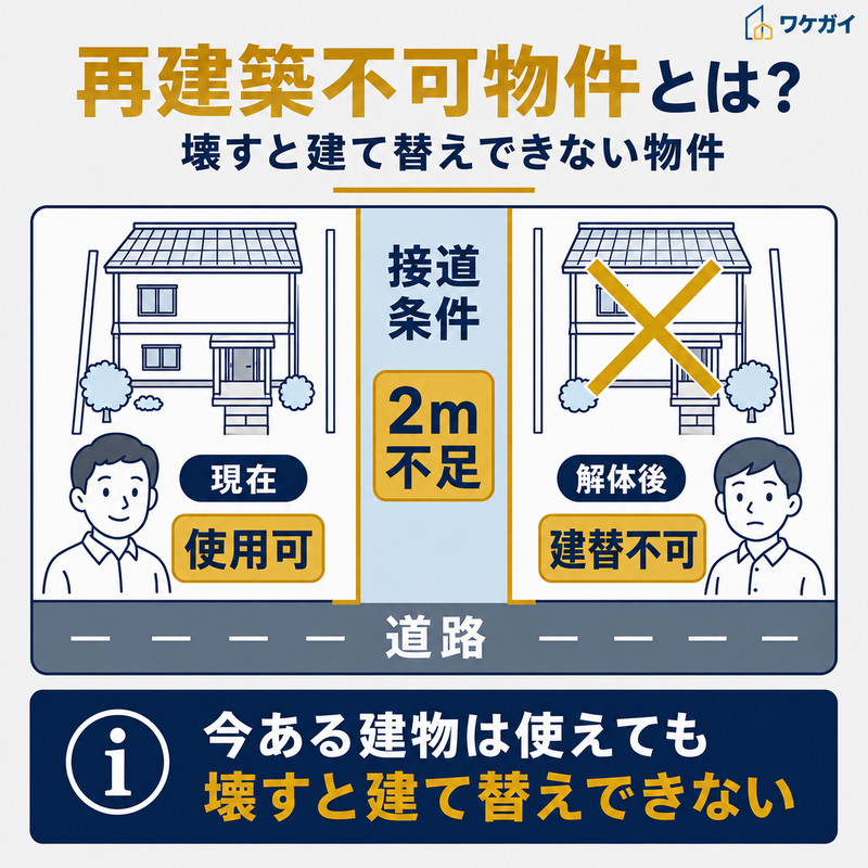 再建築不可物件について、現在の建物は使用できても解体後は建て替えできないことを示した図