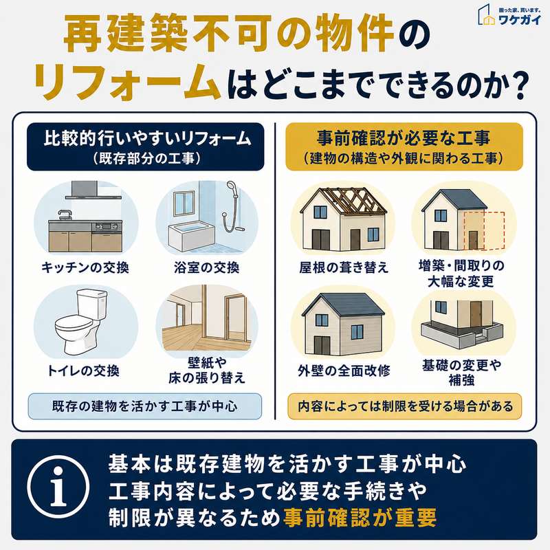 再建築不可物件で比較的行いやすいリフォームと事前確認が必要な工事を比較した図