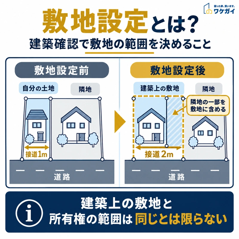 敷地設定前後で接道幅が1mから2mになる例と、建築上の敷地と所有権の範囲が一致しないことを示す図解