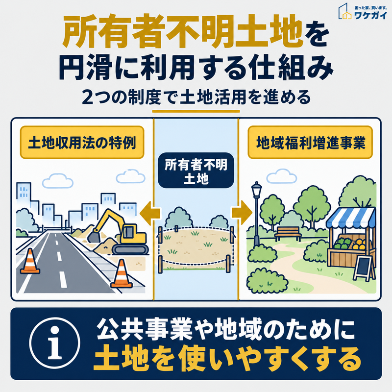 所有者不明土地を公共事業に利用する土地収用法の特例と、公園や直売所などに活用する地域福利増進事業を比較した図解