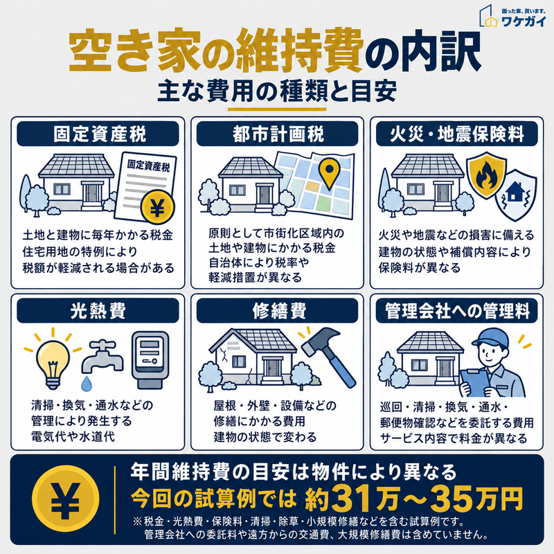 空き家の維持費を固定資産税、都市計画税、火災・地震保険料、光熱費、修繕費、管理会社への管理料の6項目に分け、住宅や管理作業のイラストで説明した図解