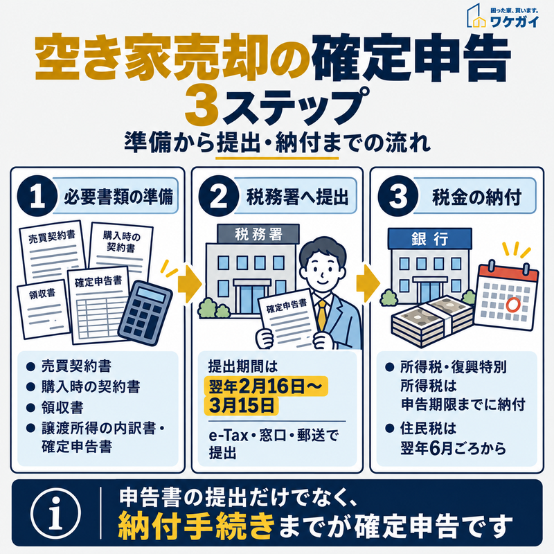 空き家売却後の確定申告について、売買契約書などの必要書類の準備、税務署への申告書提出、所得税の納付までの3ステップをイラストで説明した図解