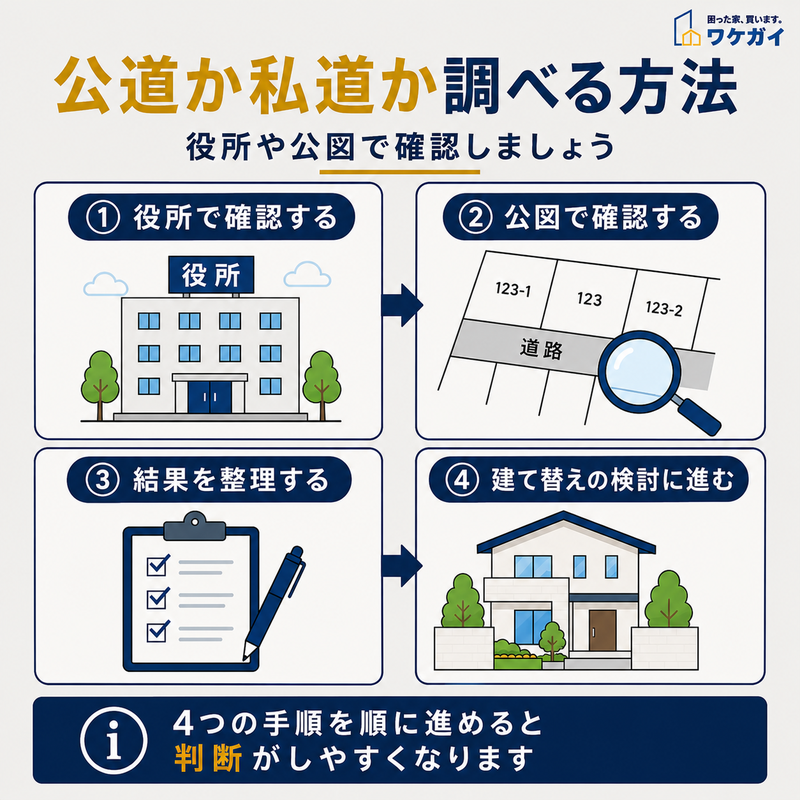 公道か私道かを調べる4つの手順を示した図解
