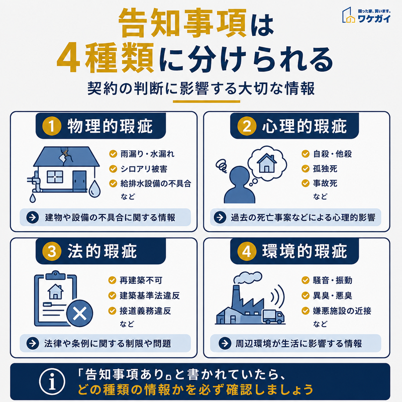 告知事項あり物件における物理的瑕疵・心理的瑕疵・法的瑕疵・環境的瑕疵の4種類を示した図