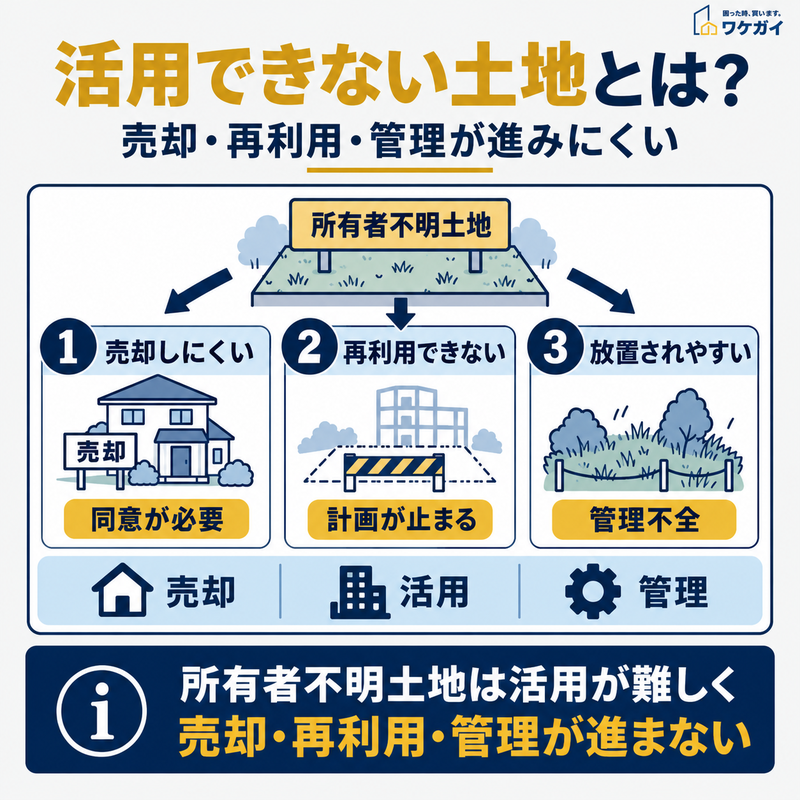 所有者不明土地では売却・再利用・管理が進みにくく、土地を有効活用しにくいことを示す図解