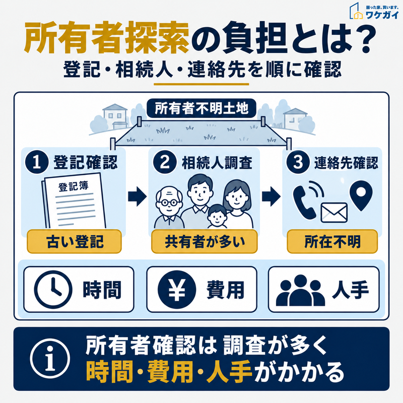 所有者不明土地の所有者探索で登記確認・相続人調査・連絡先確認に時間や費用、人手がかかることを示す図解