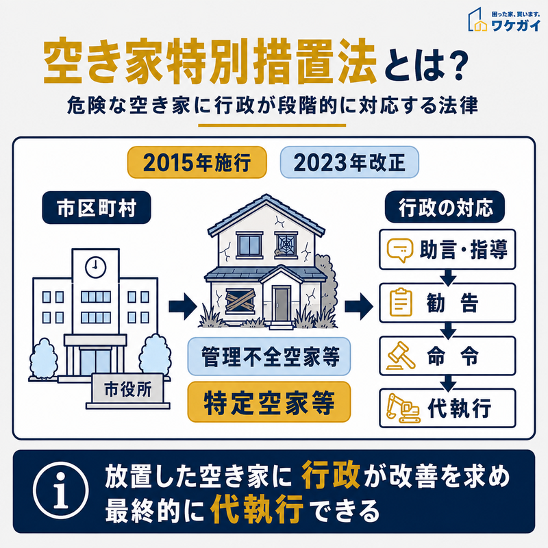 空き家特別措置法による市区町村の対応と行政代執行までの仕組みを示した図解