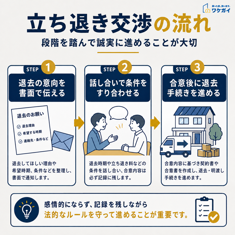 立ち退き交渉の流れを3ステップで解説した図