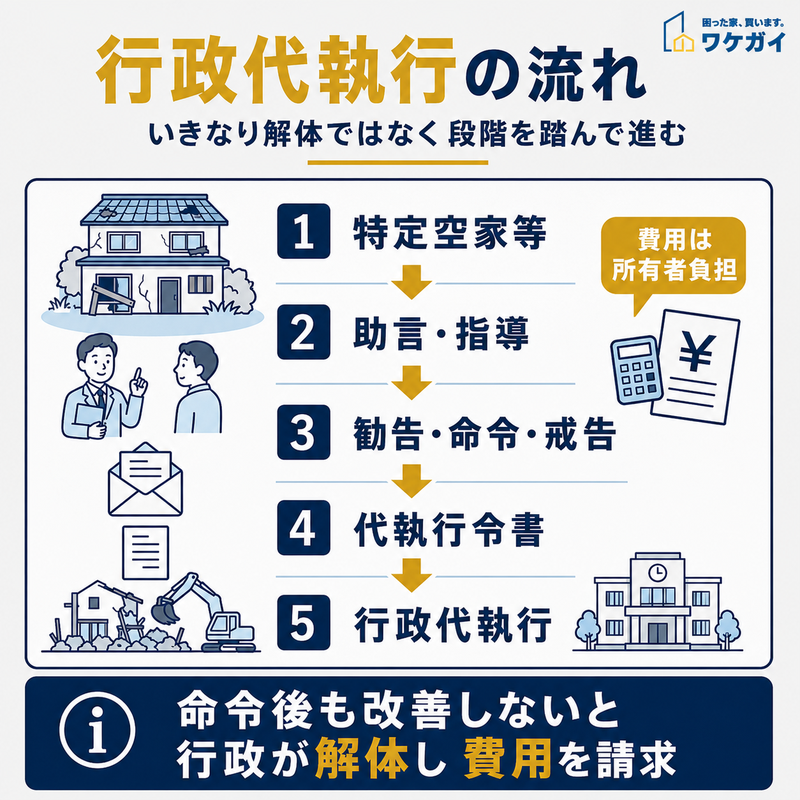 特定空家等の指定から助言・指導、勧告・命令・戒告、代執行令書、行政代執行までの流れを示した図解