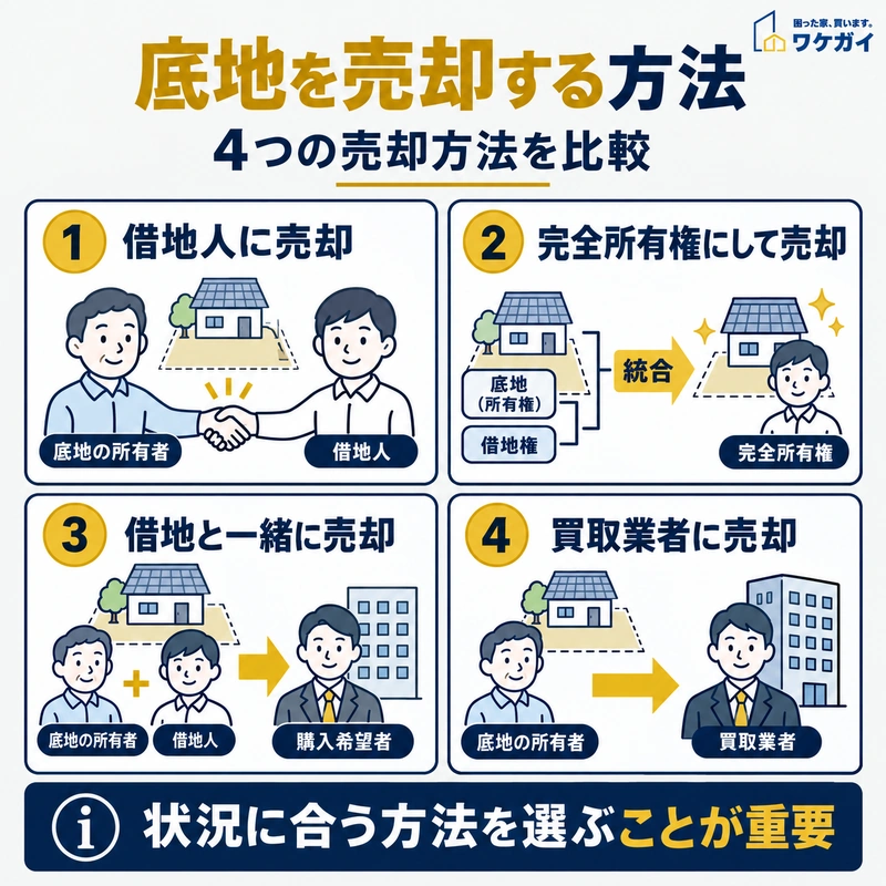 底地売却における借地人への事前連絡、共有者の同意、譲渡所得税の確認を3つのイラストで説明した図解