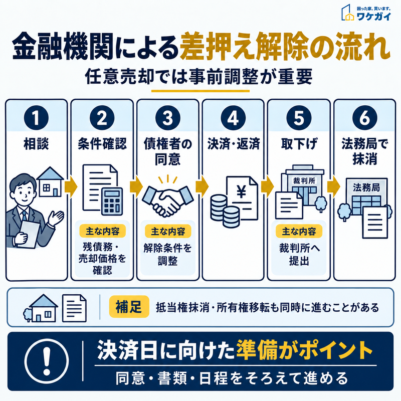 金融機関による差押え解除を相談から法務局での抹消まで6段階で示した図