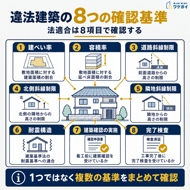 違法建築の法適合を確認する8つの基準を示した図解
