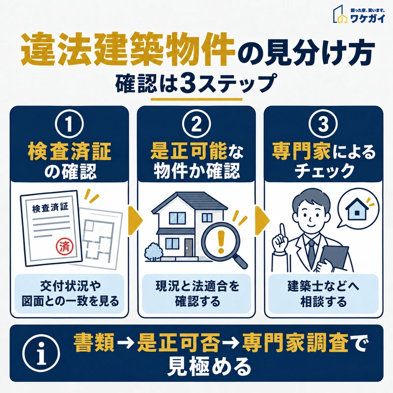 違法建築物件の見分け方を3ステップで示した図解