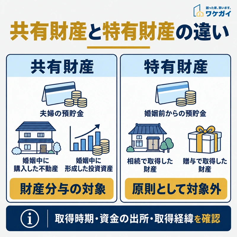 夫婦の共有財産と婚姻前の預貯金や相続・贈与による特有財産の違いを示す図解