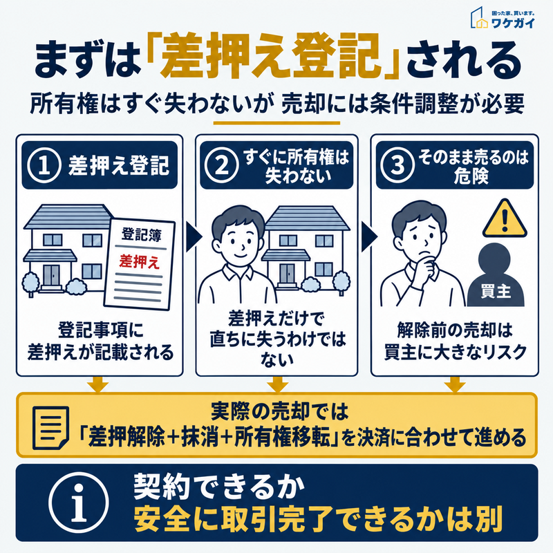 差押え登記後の所有権と不動産売却時に必要な手続きを示した図