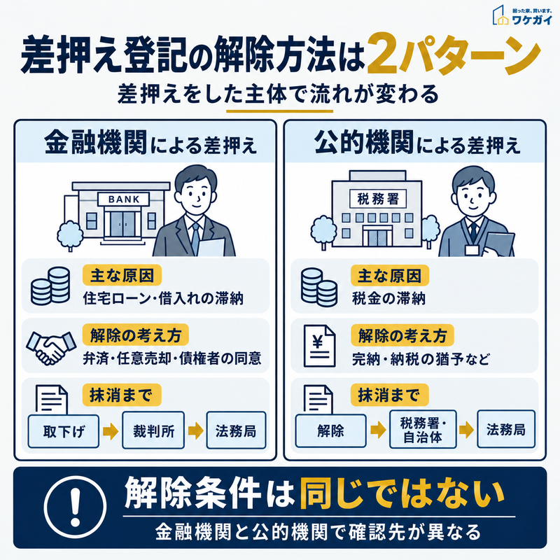 金融機関と公的機関による差押え登記の解除方法と抹消までの流れを比較した図