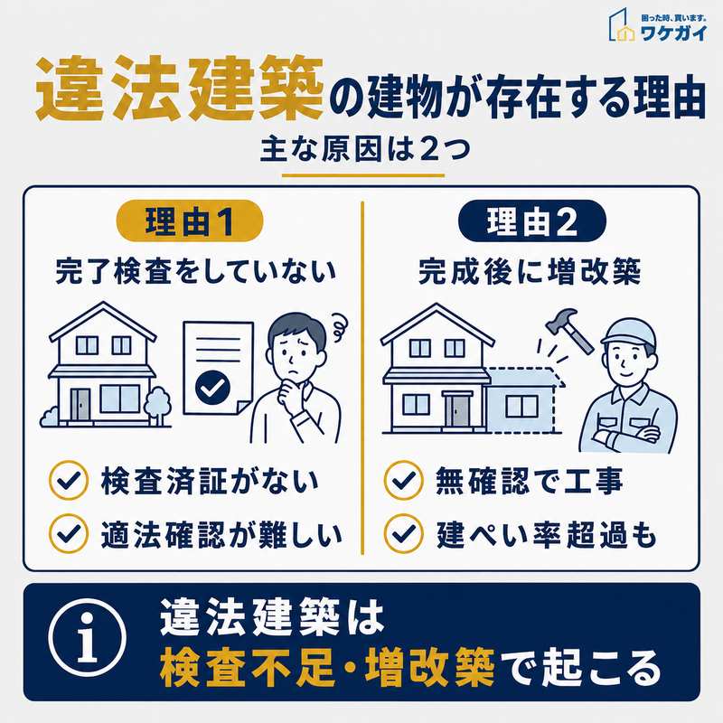違法建築の建物が存在する主な理由を示した図解