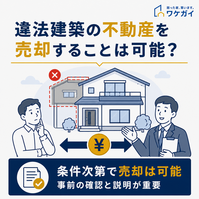 違法建築の不動産は条件次第で売却可能であることを示す図解