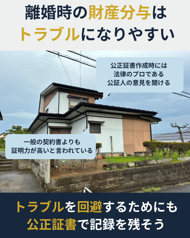 離婚時の財産分与を行う際は、リスクを避けるためにも公正証書で証拠を残したほうがいいことを示した図解