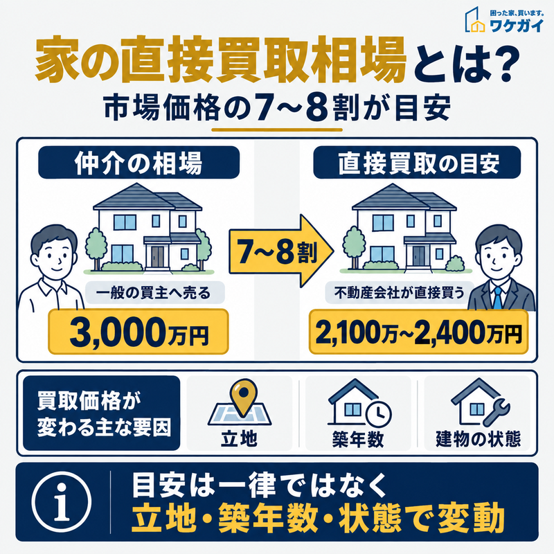 家の直接買取価格が仲介の市場価格の7〜8割程度になる目安を示した図解
