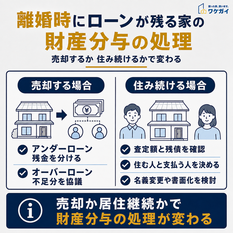 離婚時に住宅ローンが残る家を売却する場合と住み続ける場合の財産分与の処理を比較した図解