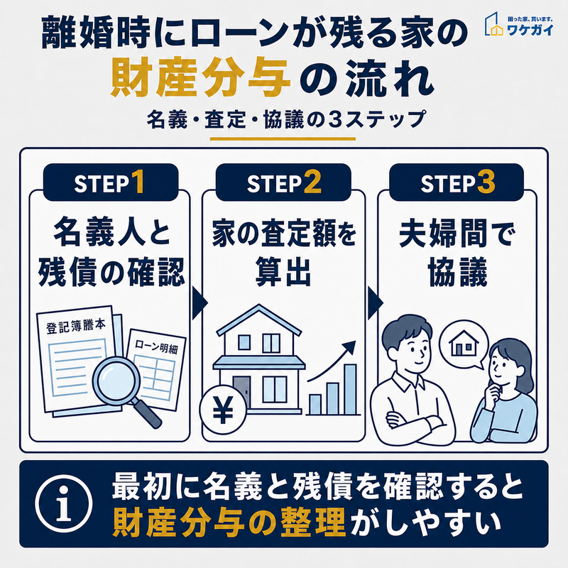 離婚時に住宅ローンが残る家の財産分与を進める3ステップを示した図解