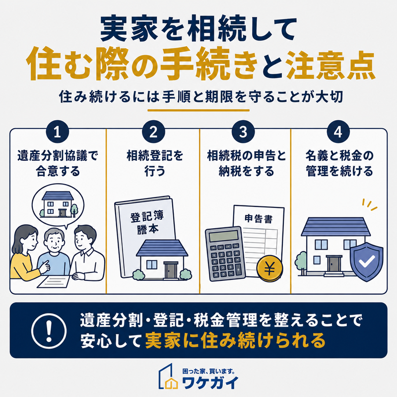 実家を相続して住む際に必要な遺産分割協議・相続登記・相続税申告などの手続きを示した図解