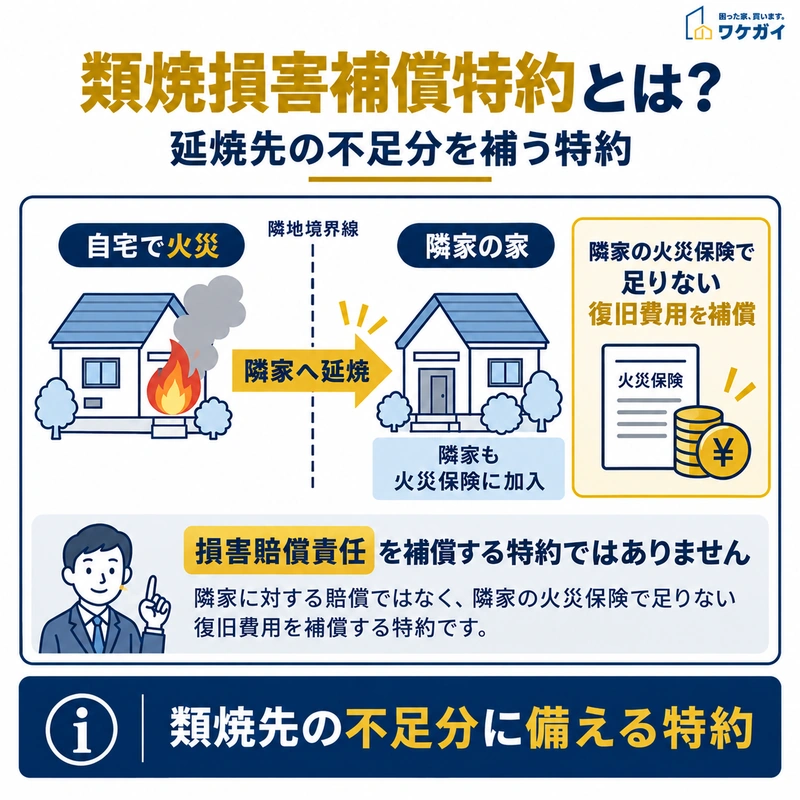 類焼損害補償特約が隣家への延焼時に不足する復旧費用を補償する仕組みを示した図解