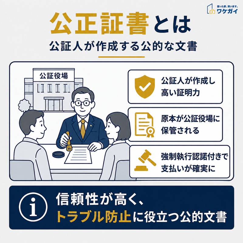 公正証書とは何かを、公証人による作成や高い証明力などとともに示した図解
