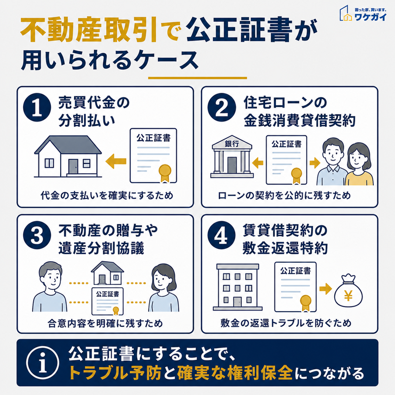 不動産取引で公正証書が用いられる主なケースを4つに分けて示した図解