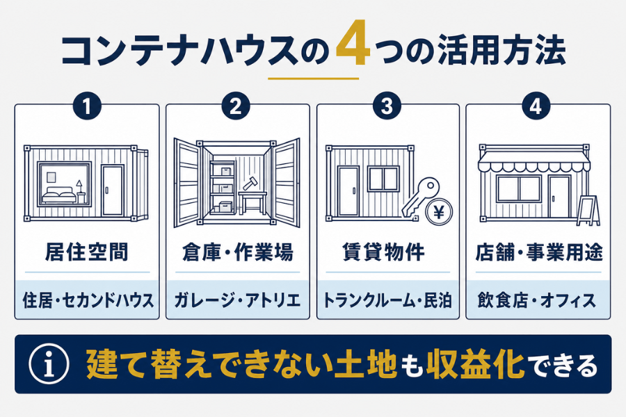 再建築不可物件でのコンテナハウス活用方法4選(居住・倉庫・賃貸・店舗