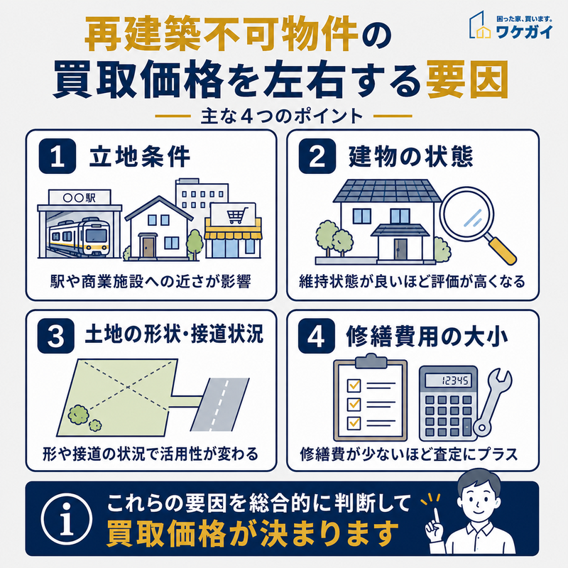 再建築不可物件の買取価格を左右する立地条件・建物の状態・土地の形状や接道状況・修繕費用を示した図