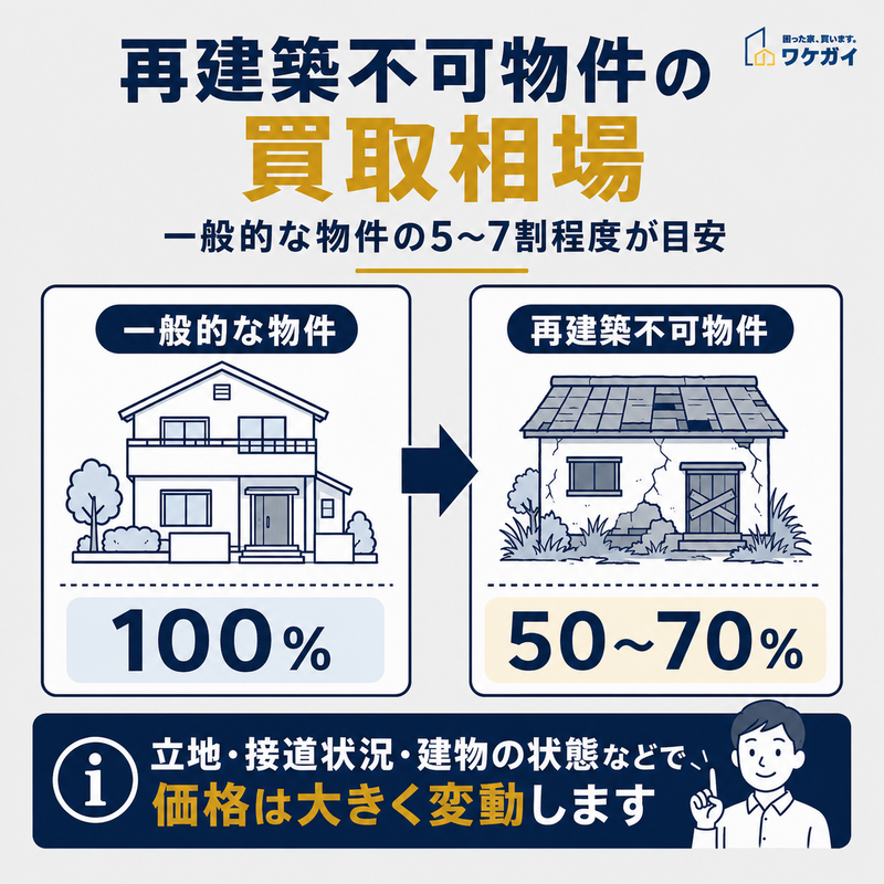 再建築不可物件の買取相場が一般的な物件の5〜7割程度になる目安を示した比較図