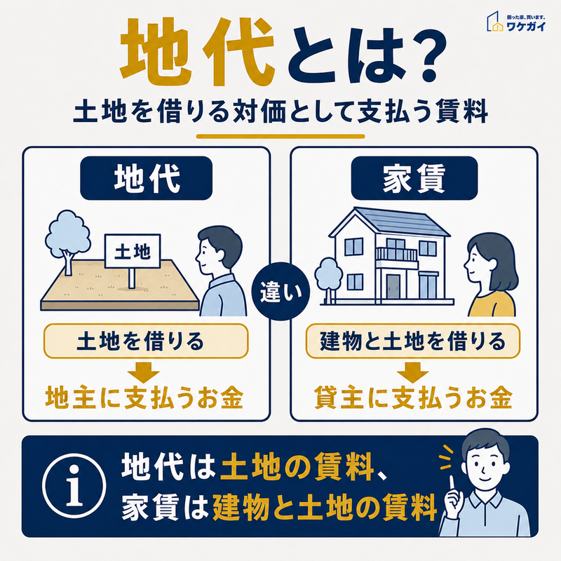 地代とは土地を借りる対価として地主に支払う賃料で、家賃との違いを示した図