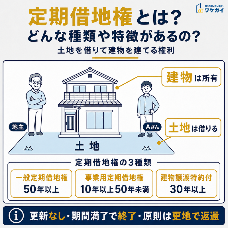 定期借地権の仕組みと一般定期借地権・事業用定期借地権・建物譲渡特約付借地権の3種類を解説した図