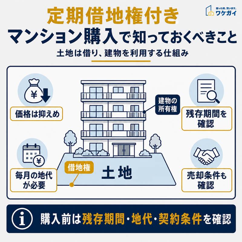 定期借地権付きマンションの仕組みと残存期間・地代・売却条件など購入前の確認事項を示した図
