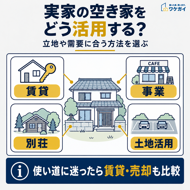 実家の空き家を賃貸・事業・別荘・土地活用に活かす方法を示した図解