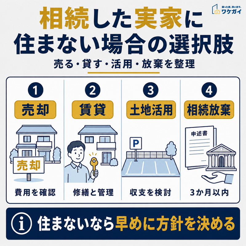 相続した実家に住まない場合の売却・賃貸・土地活用・相続放棄の選択肢を示した図解