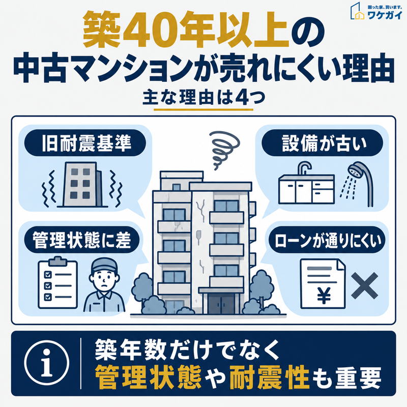 築40年以上の中古マンションが売れにくい4つの理由を示した図解