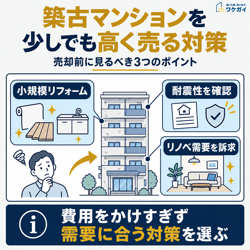 築古マンションを少しでも高く売るための3つの売却前対策を示した図解