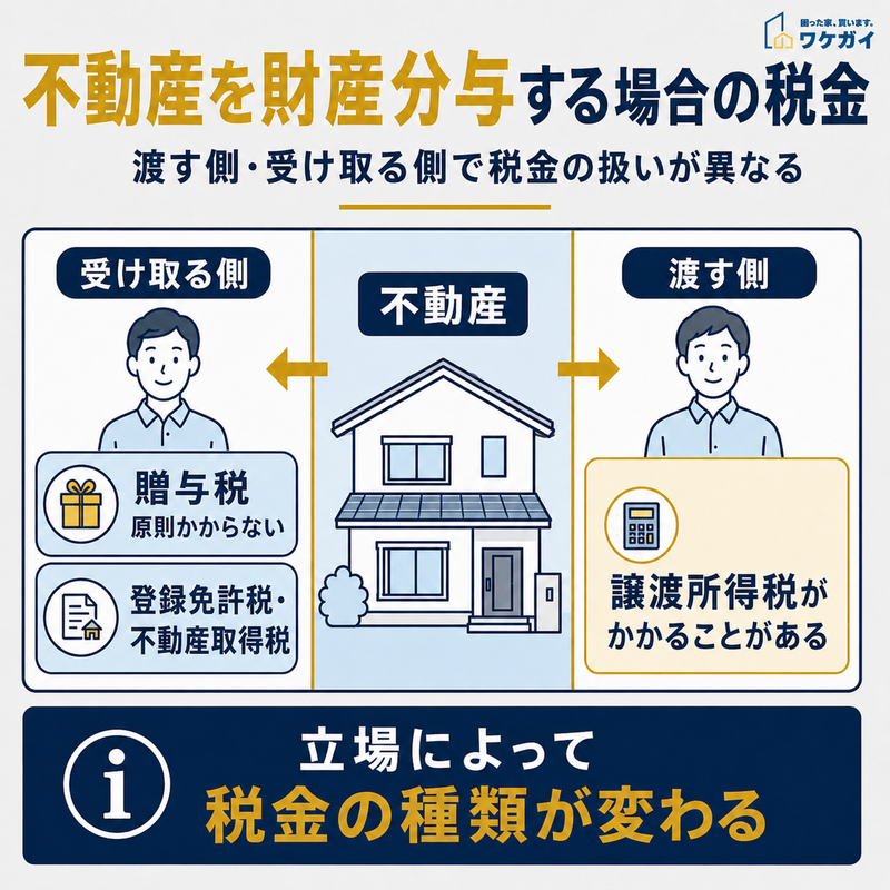 不動産を財産分与する場合に受け取る側と渡す側で異なる税金を示した図