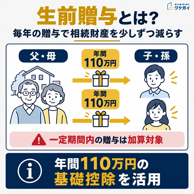 父母から子供2人へ年間110万円ずつ贈与する仕組みと、相続開始前の一定期間内の贈与は加算対象になることを示した図解。